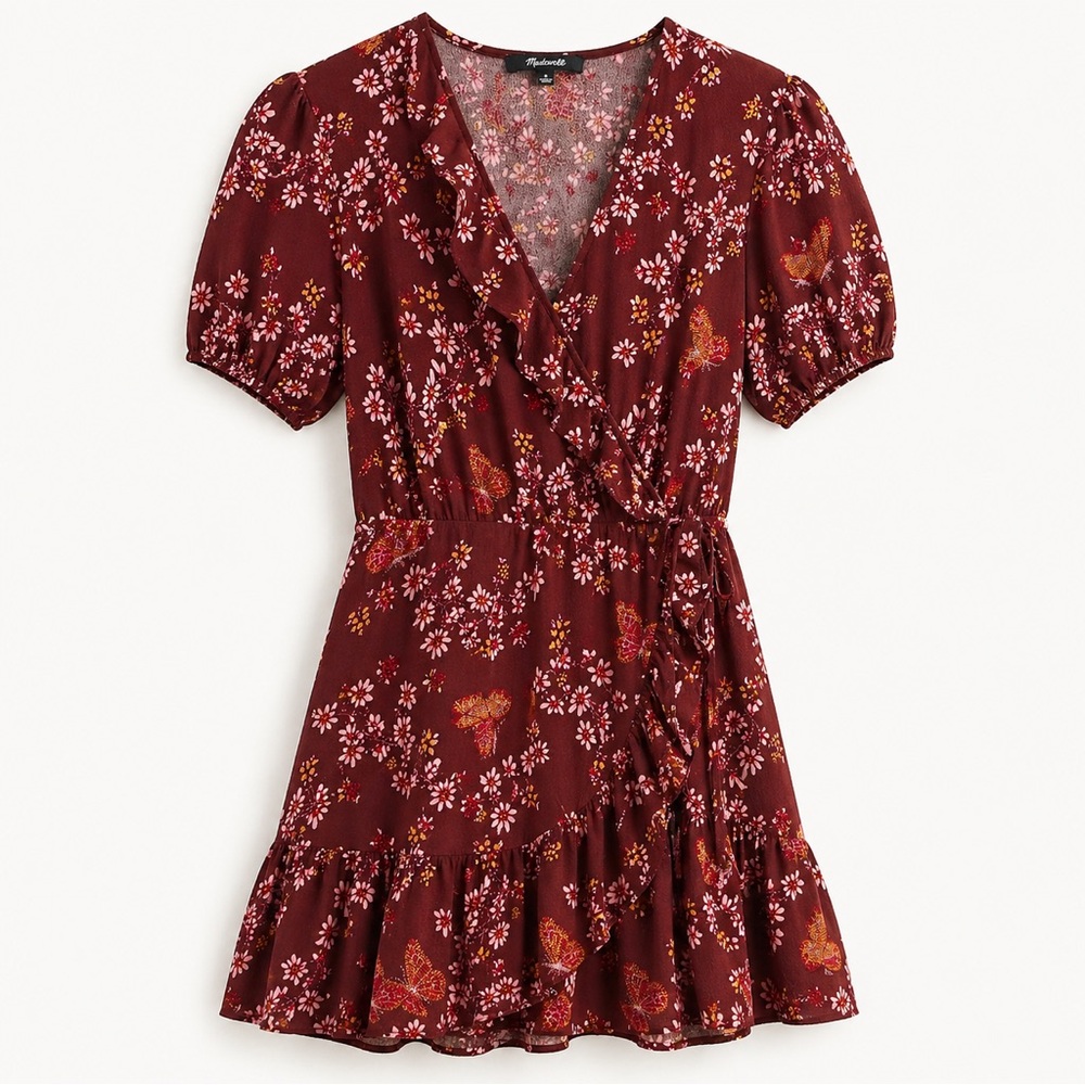 Madewell Windowbox Floral Ruffle Wrap Dress Burgundy Butterfly Mini Size 0
